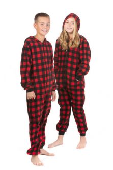 Red & Black Buffalo Plaid Fleece Hooded Footless Onesie Jumpsuit Pajamas for Boys & Girls